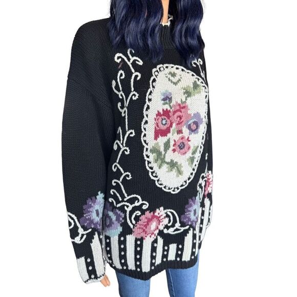 Vintage SGCS by Sacha Floral Sweater L Pearl Applique Grannycore Retro Black - Picture 3 of 6